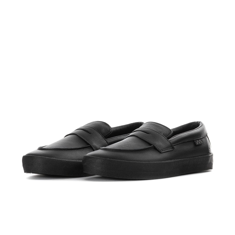 Men's black leather slip-on skate loafer, front side view with thick sole