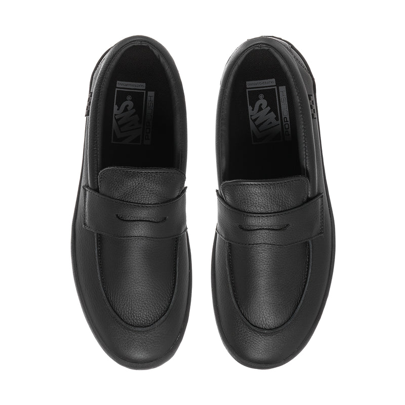 Men's black leather loafers, front view with interior lining and brand tag