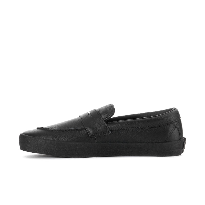 Men's black leather slip-on loafer with instep strap and thick black sole