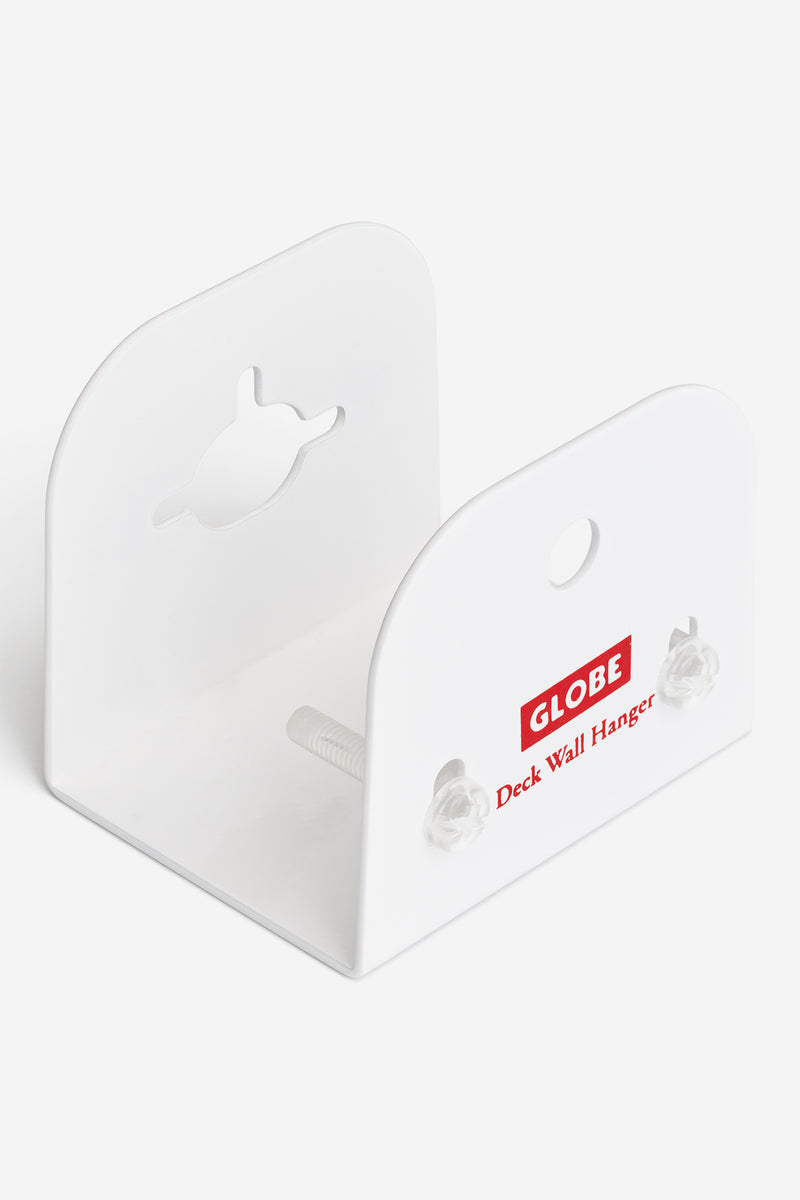 White low profile skateboard deck wall hanger with clear acrylic bolts mounted for a minimal wall look