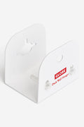 White low profile skateboard deck wall hanger with clear acrylic bolts mounted for a minimal wall look