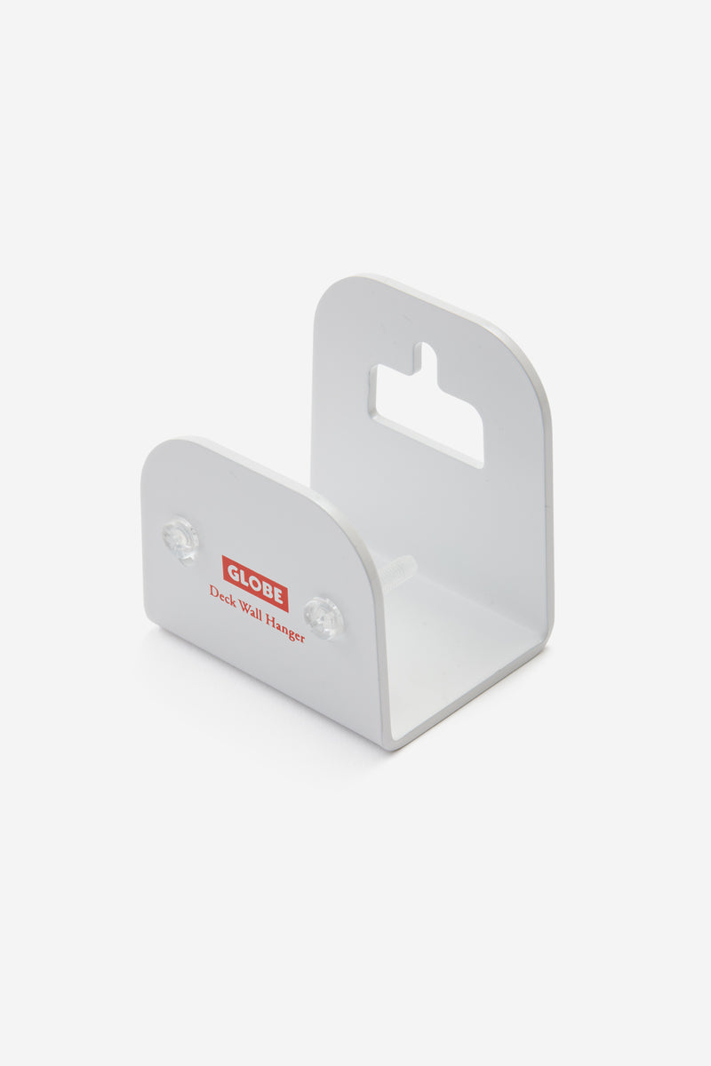 Front view of white Globe Deck Wall Hanger with two clear bolts and a built in hanging slot