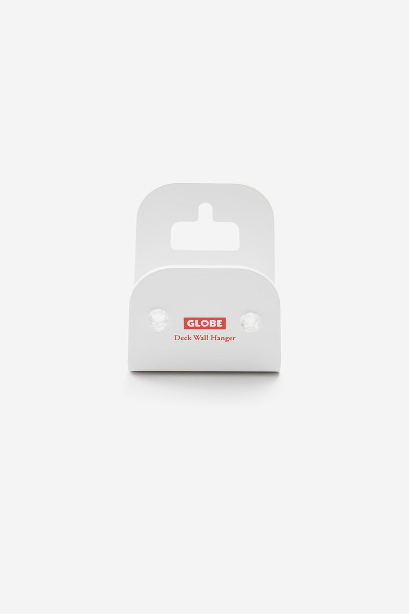 Angled view of white Globe Deck Wall Hanger showing curved edges and branding on the front
