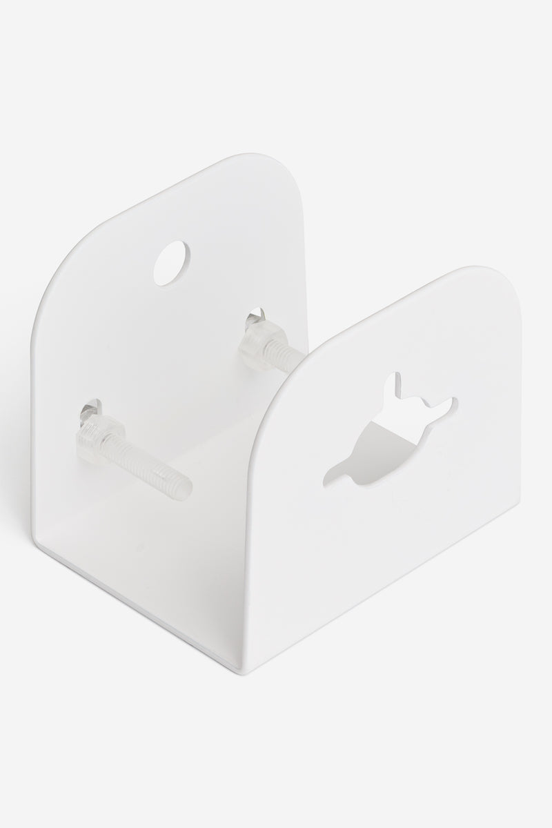 White low profile skateboard deck wall hanger with clear acrylic mounting bolts