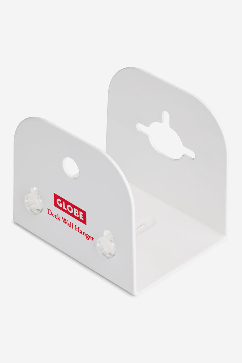 Close up of white skateboard deck wall hanger with clear mounting bolts and Globe branding on the front