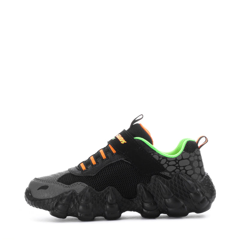Kids black sneakers with lime green lining and orange lace accents, side view