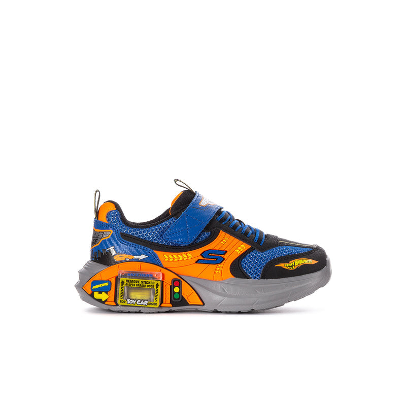 Kids blue, orange & black Skechers Garage sneakers with gray chunky sole