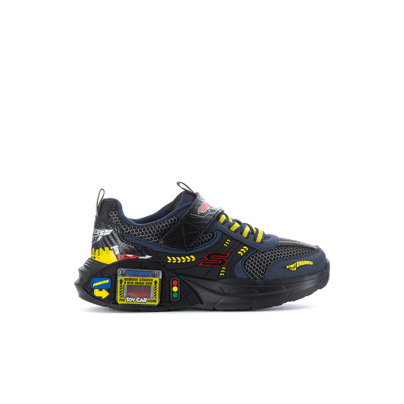 Kids Skechers sneaker in dark navy/black with yellow laces and colorful side accents