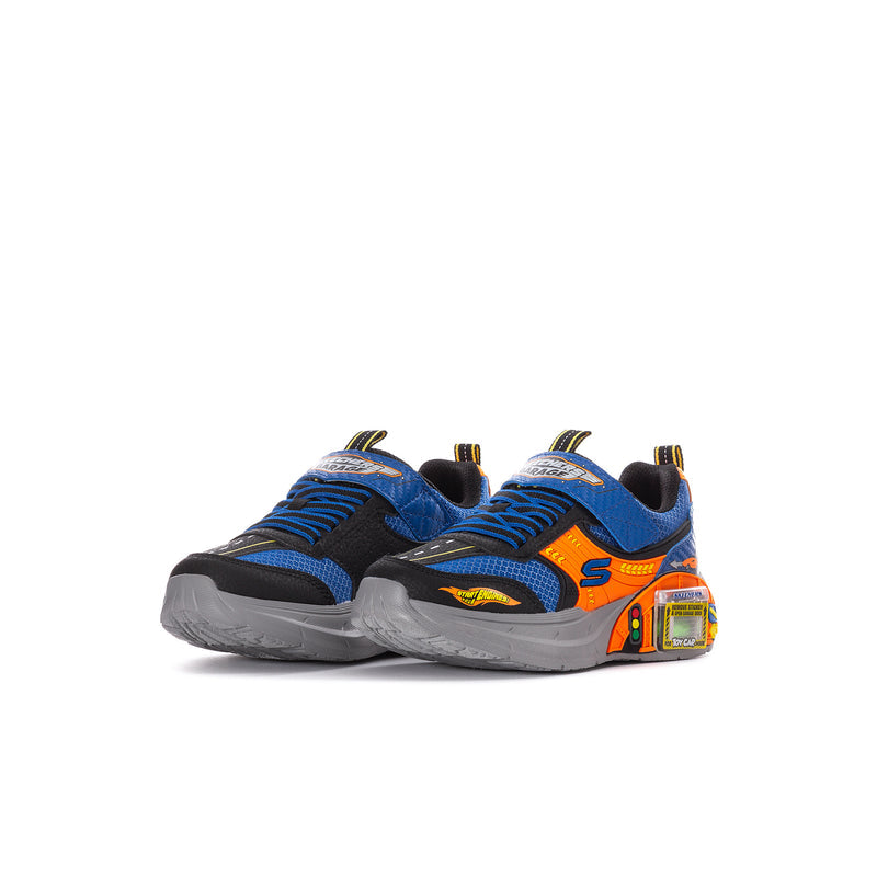 Kids blue, orange & black Skechers Garage sneakers, side view, chunky gray sole