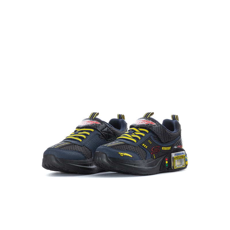 Kids Skechers sneaker, dark navy/black upper with yellow laces and bright side graphics