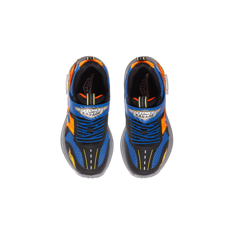 Kids blue, orange & black Skechers Garage sneakers, front view with padded collar