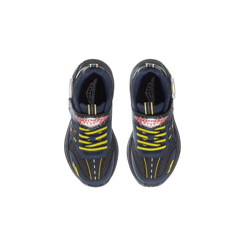 Kids Skechers sneaker pair showing padded collar, yellow laces, and mesh upper