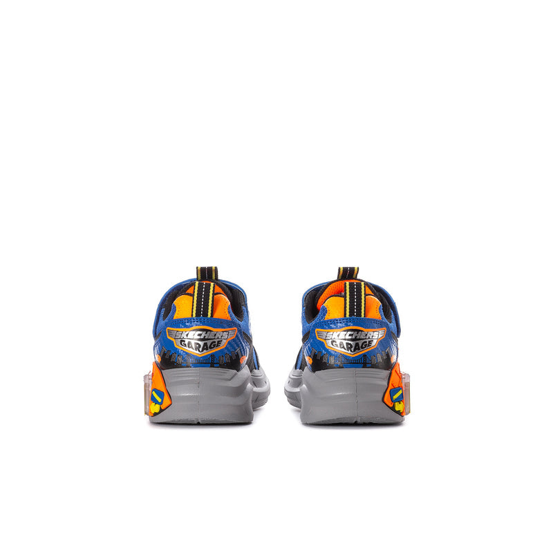 Kids blue, orange & black Skechers Garage sneakers, rear view with pull tabs