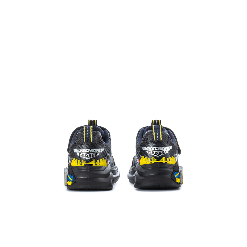 Kids Skechers sneaker backs with dark heel, yellow details, and pull-tab at top
