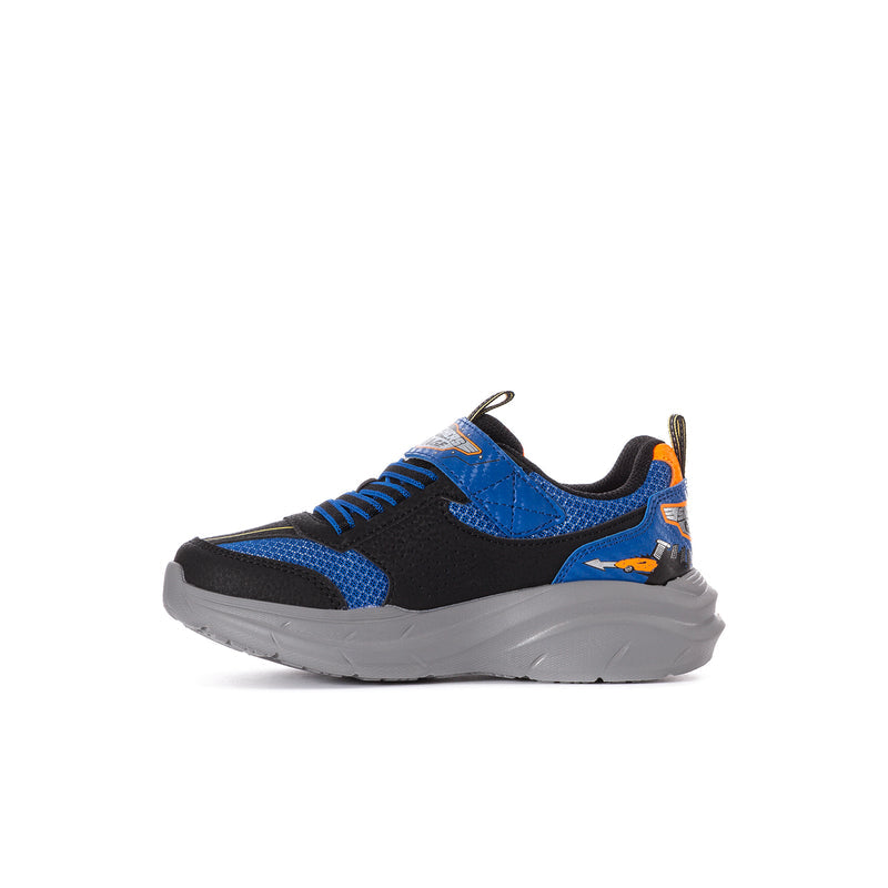 Kids blue, orange & black Skechers Garage sneakers with lace-up mesh upper and gray sole