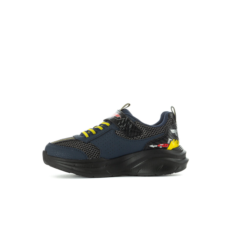 Kids Skechers sneaker side view with dark navy/black mesh, yellow laces, and chunky sole