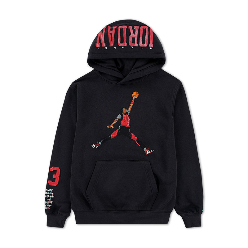 Youth black Jordan pull-over hoodie with basketball graphic and front pocket