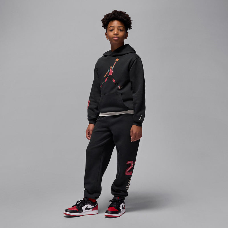 Youth black Jordan hoodie with basketball graphic, ribbed cuffs, and kangaroo pocket