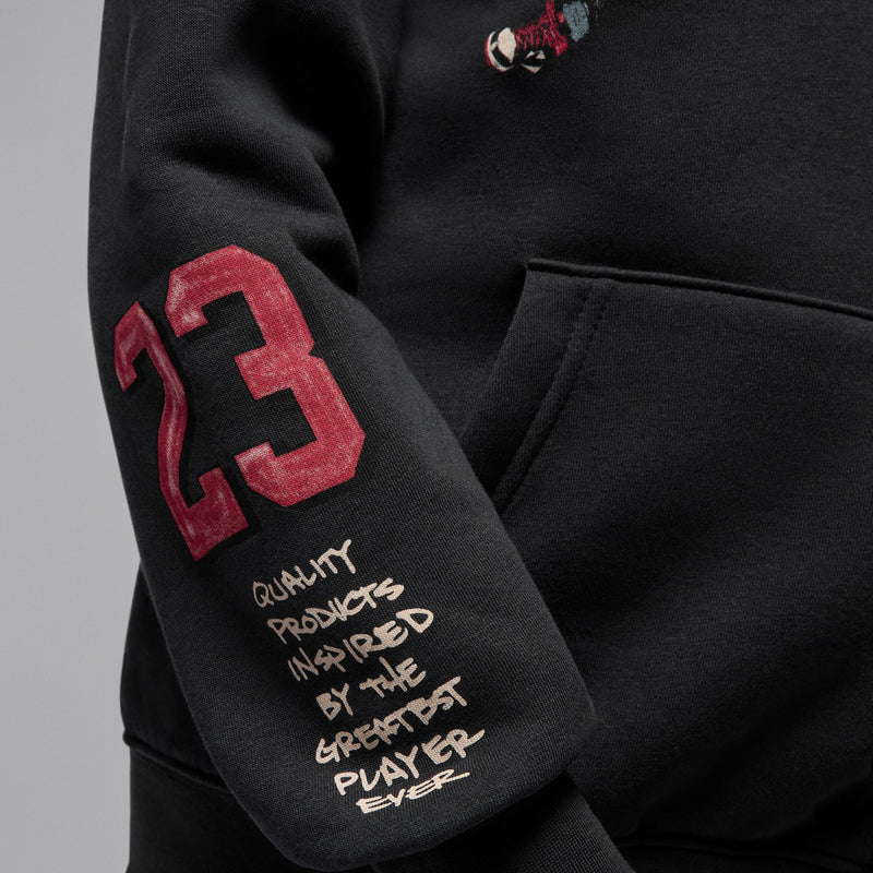 Youth black hoodie sleeve with red 23 patch and white quality products text