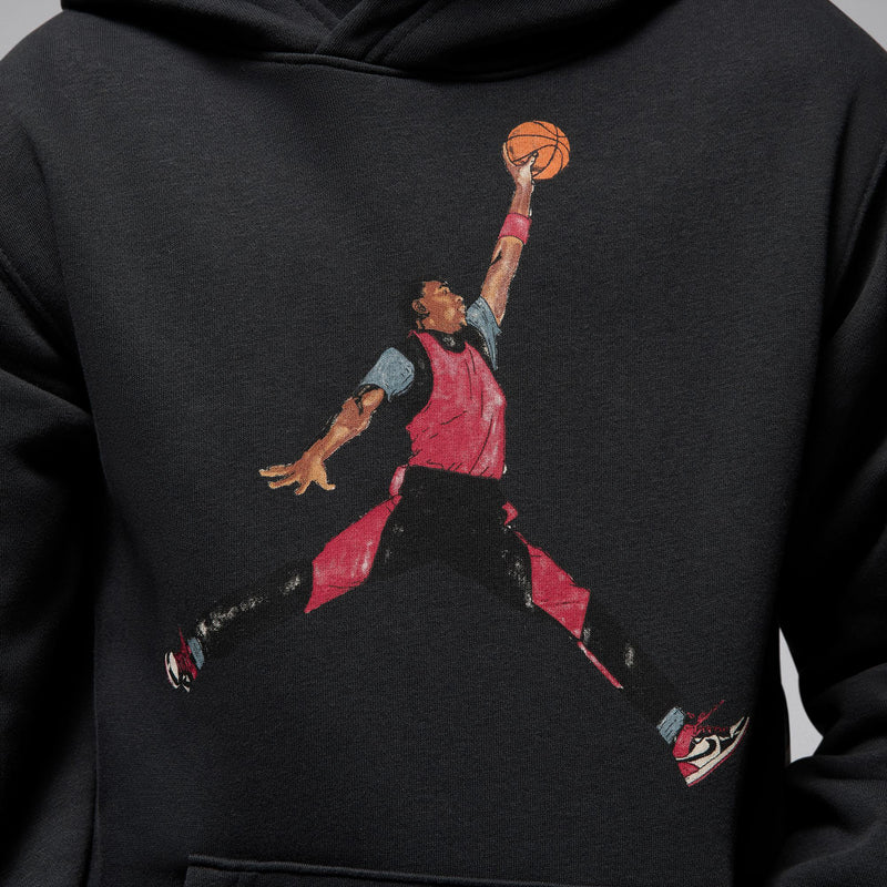 Youth black hoodie chest print of a basketball player reaching upward
