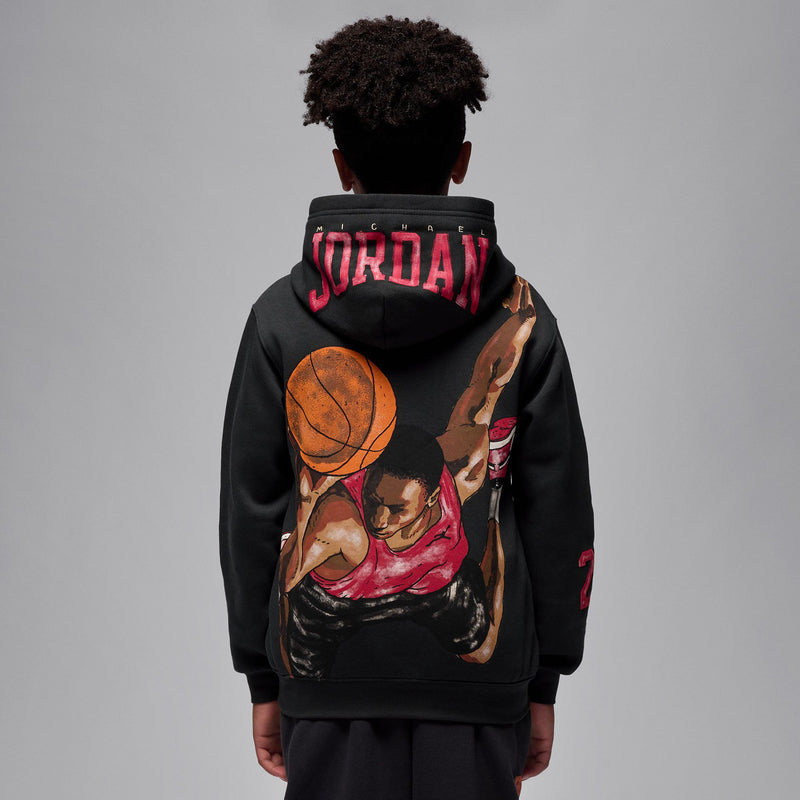 Youth black hoodie back with Jordan lettering and basketball player graphic
