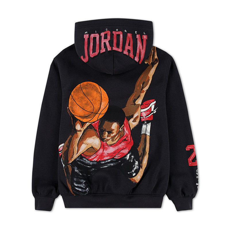 Youth black Jordan hoodie with back basketball graphic and red Jordan lettering