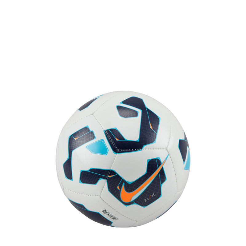 White mini soccer ball with turquoise accents and dark blue geometric overlays