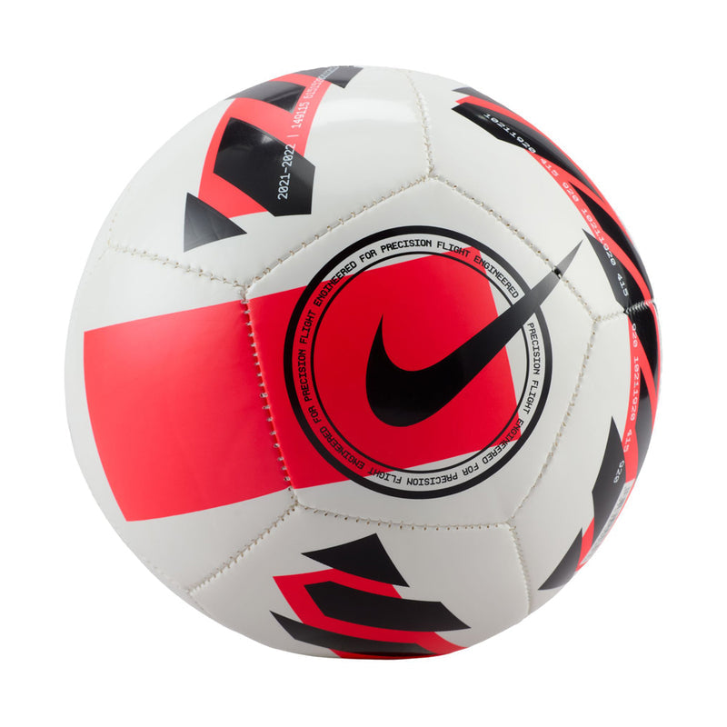 Mini soccer ball with stitched white hexagons, red segment, black marks, and Nike swoosh
