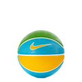 Mini basketball with blue, yellow, and green panels and Nike Swoosh logo