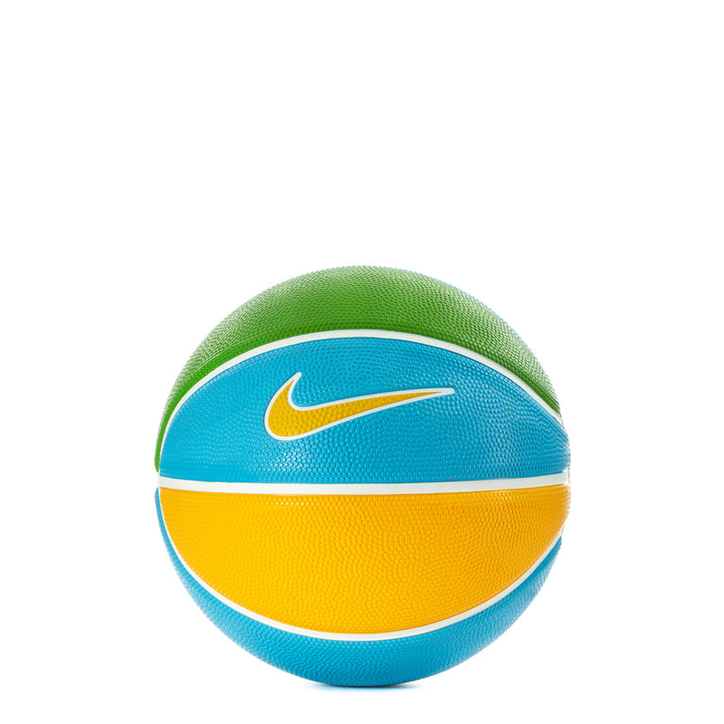 Mini basketball with blue, yellow, and green panels and Nike Swoosh logo