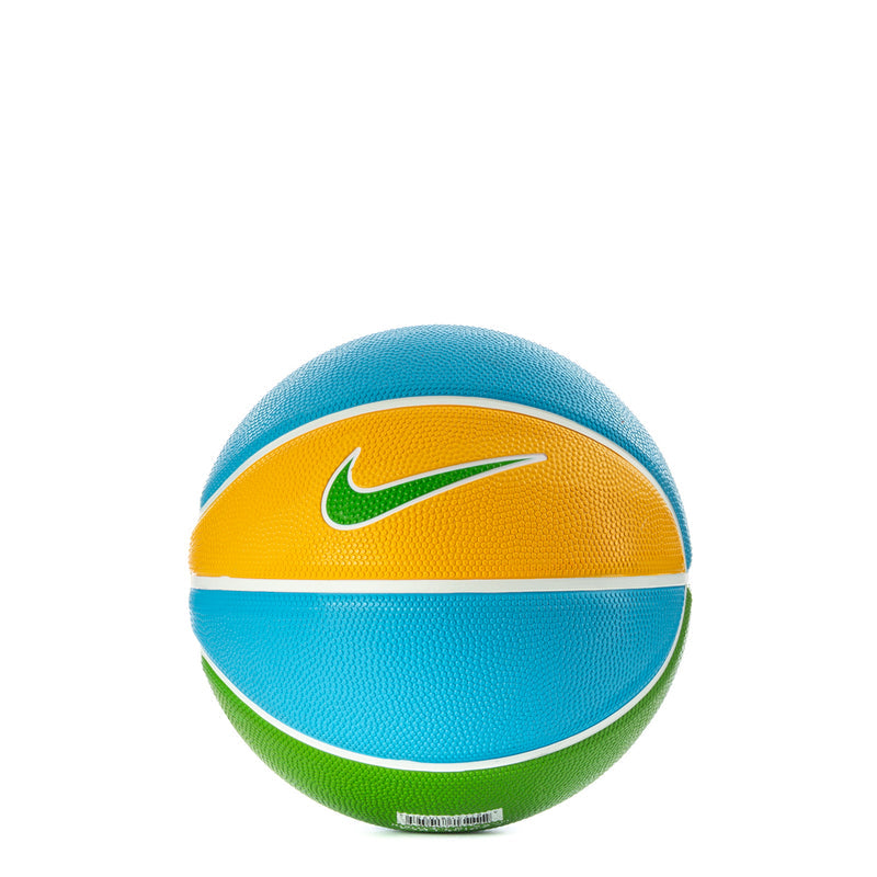 Mini basketball with blue and yellow panels, green accents, and Nike Swoosh