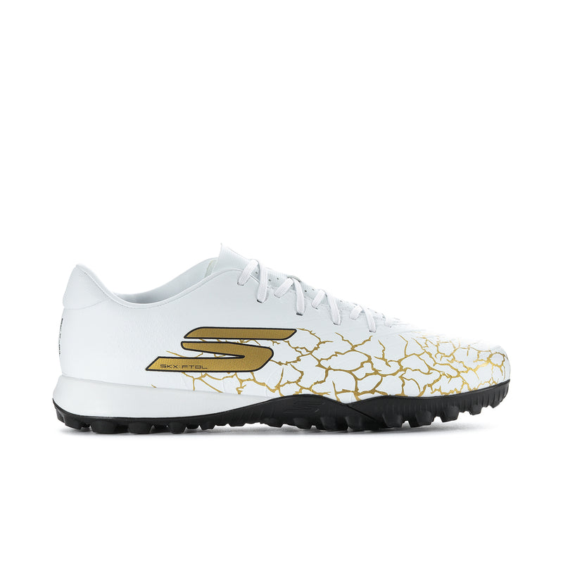Men’s white soccer cleat side profile with gold crackle design and studs