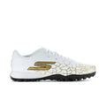 Men’s white soccer cleat side profile with gold crackle design and studs