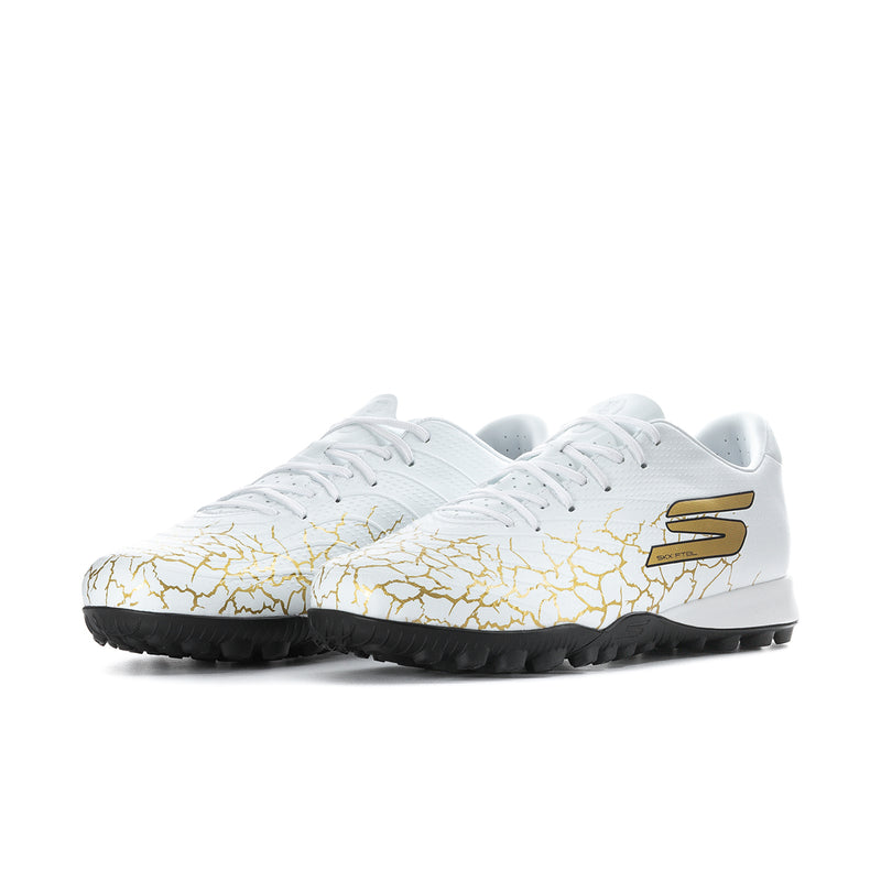Men’s white soccer cleats front side view with gold crackle upper and logo