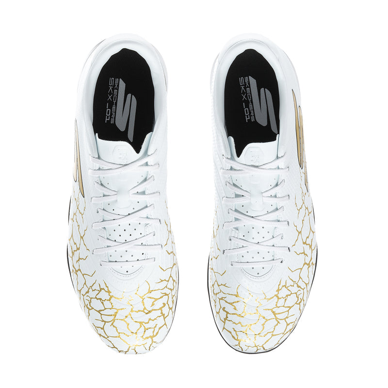 Men’s white soccer cleats with gold crackle accents and lace-up front