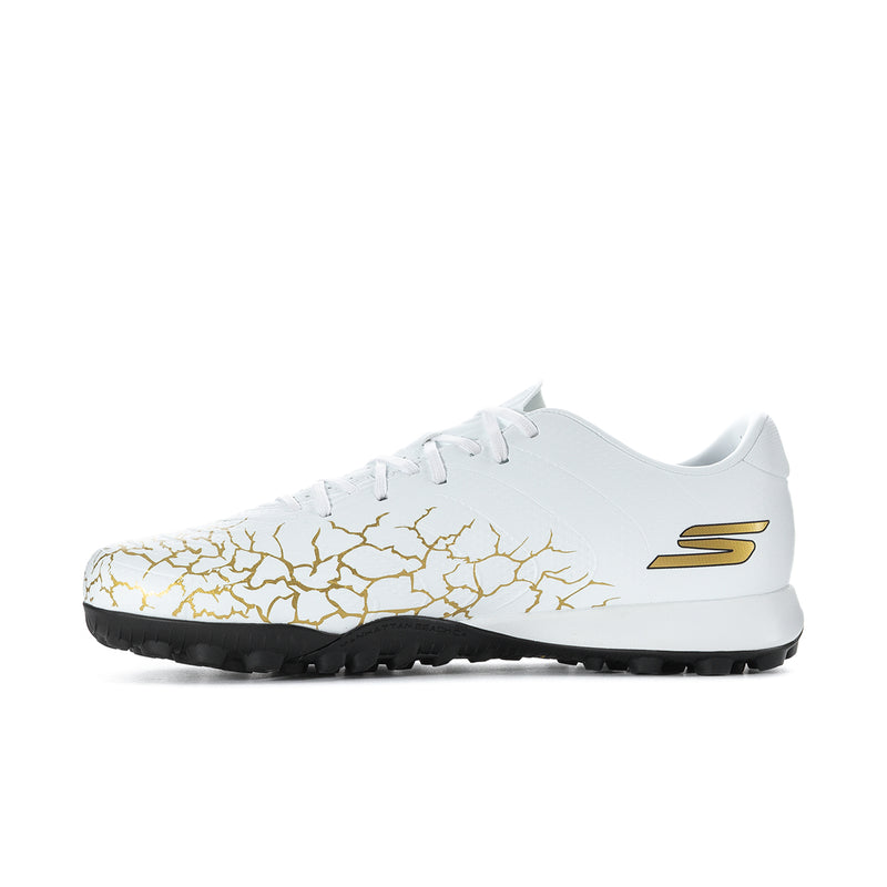 Men’s white soccer cleat side view with gold crackle pattern and logo