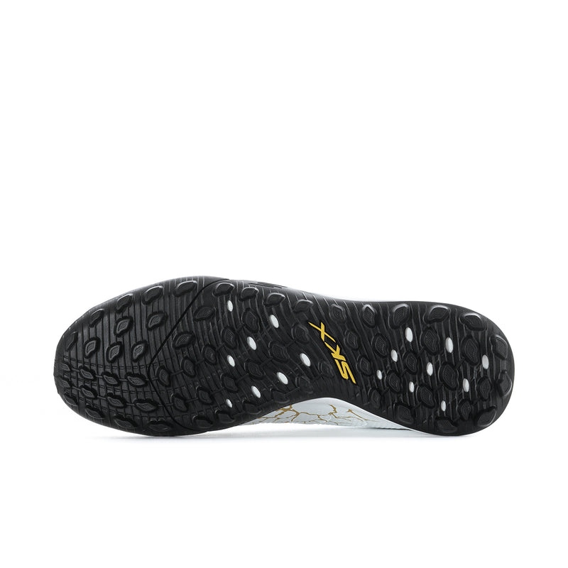 Men’s soccer cleat outsole, black tread with gold logo detail