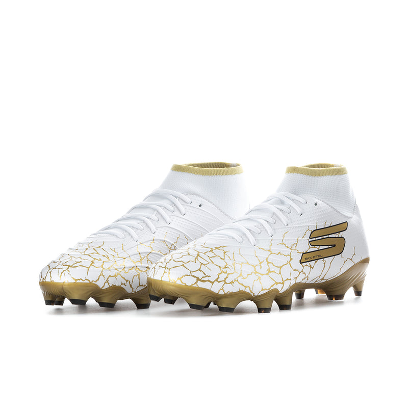 Men's high-top soccer cleat, white upper with gold logo, cracked texture, and studs