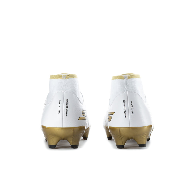 Men's white high-top soccer cleats with gold heel accents and rear stud sole