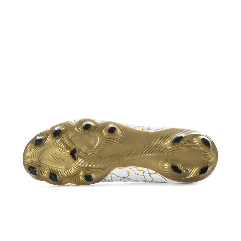 Bottom view of men's high-top cleat with gold outsole and multi-stud traction