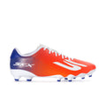 Orange men's soccer cleats with white laces, blue heel, and molded studs