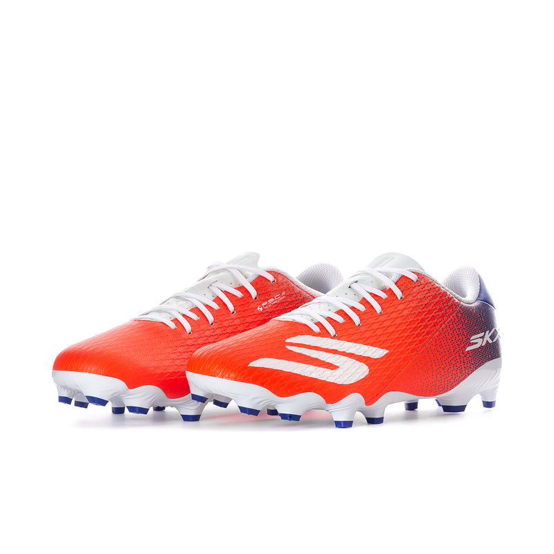 Pair of orange-and-blue men's soccer cleats with white laces and studded outsole