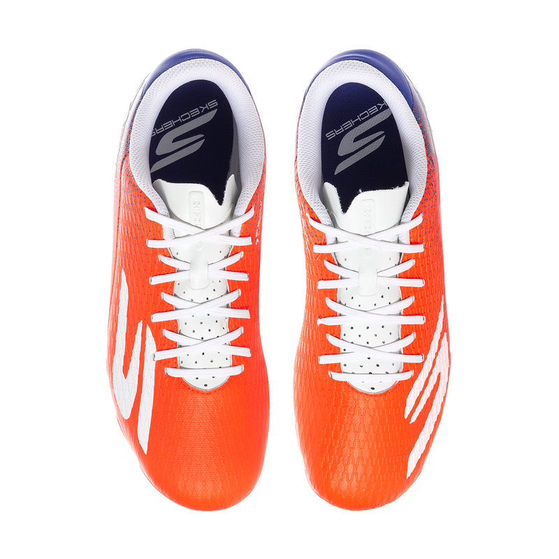 Front view of orange men's soccer cleats with white laces and blue collar