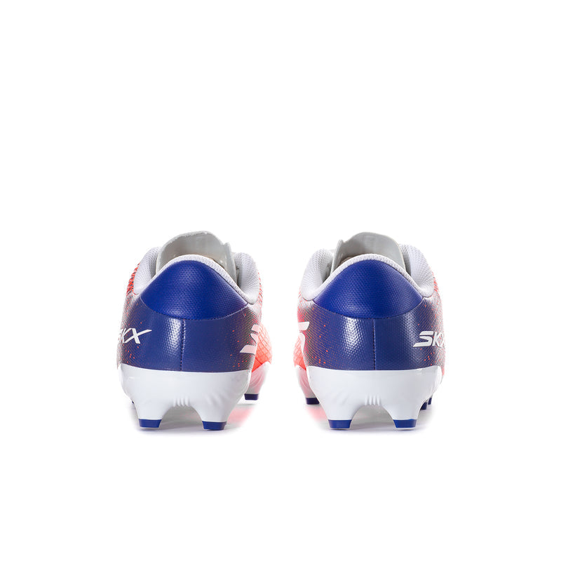 Rear view of orange-and-blue men's soccer cleats with white molded heel and studs