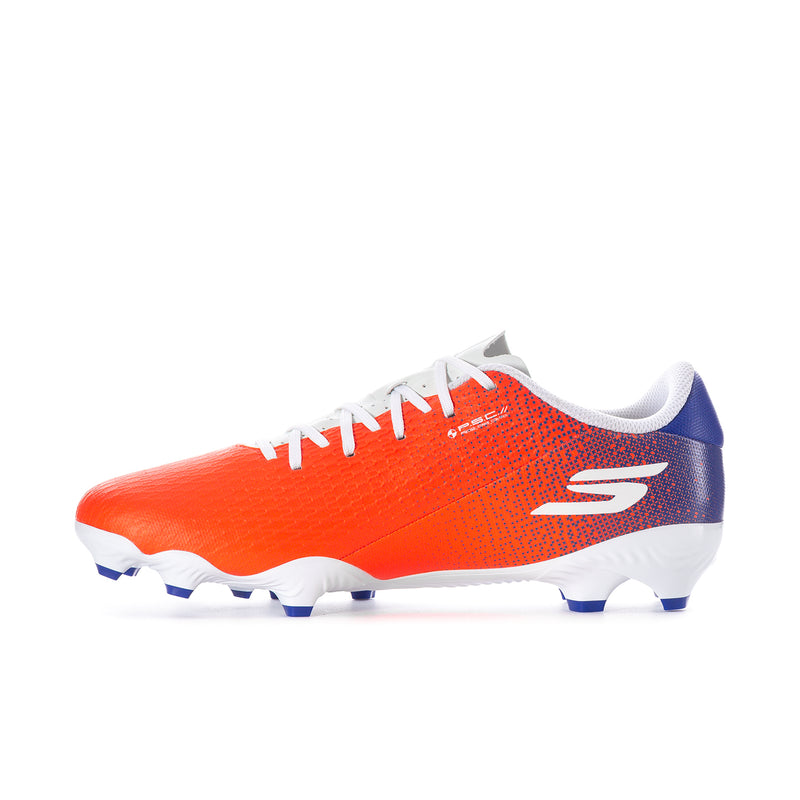 Side view of orange men's soccer cleats with white laces and blue traction studs