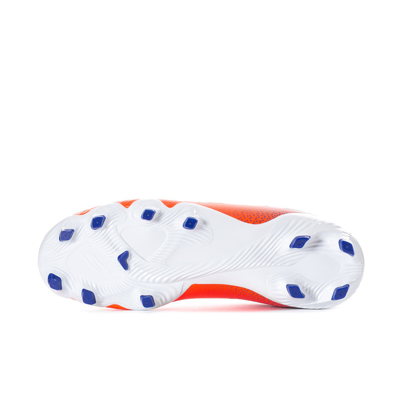 White studded outsole on orange-and-blue men's soccer cleats