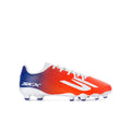 Youth soccer cleat in orange with blue collar and white laces, SKX logo, rubber studs
