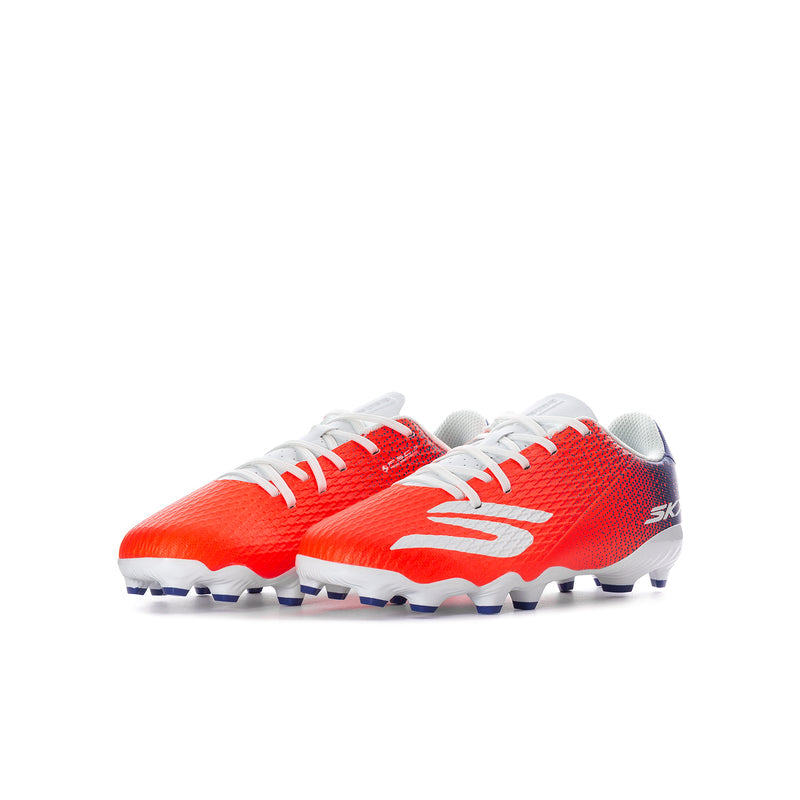 Youth soccer cleats pair, orange knit upper with white laces and blue heel, blue studs