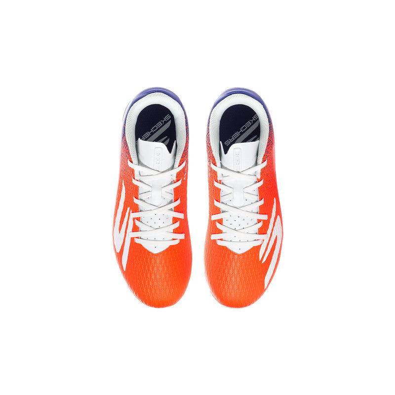 Youth soccer cleat pair, white laces on orange upper with blue trim and white outsole