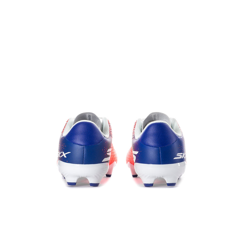 Youth soccer cleats, rear view: blue heel backs with orange uppers and white stud sole